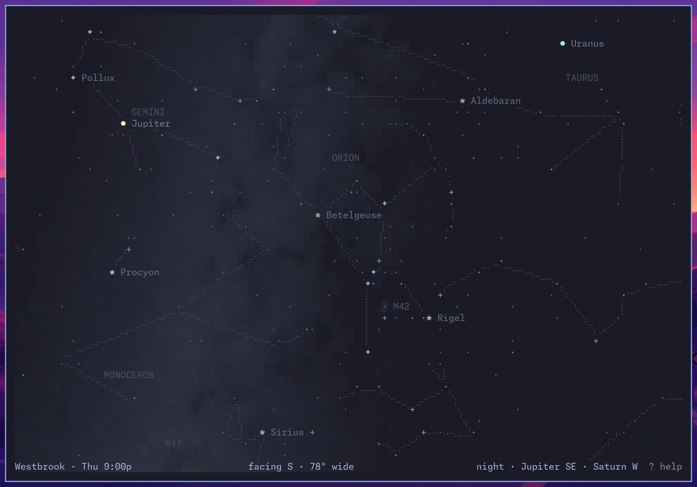 Orion on a January evening over Westbrook, Maine, with Jupiter in Gemini