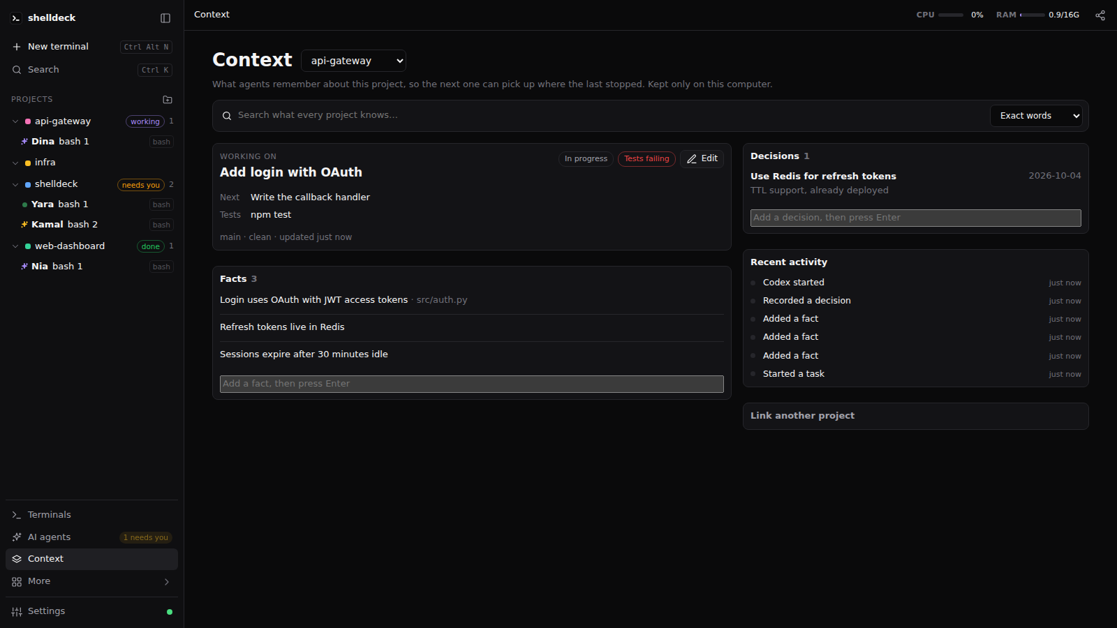 Context page: what the project is working on, its facts, decisions and recent agent activity