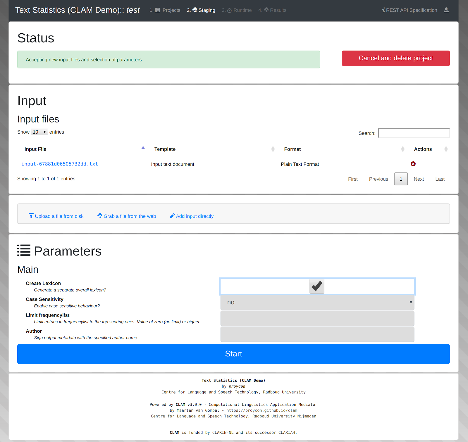 the clam project page during staging