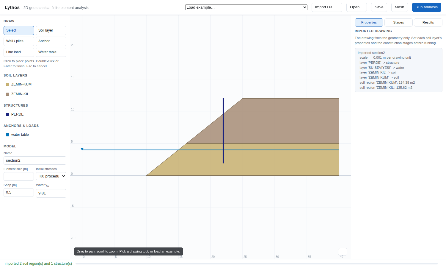 a section imported from a CAD drawing