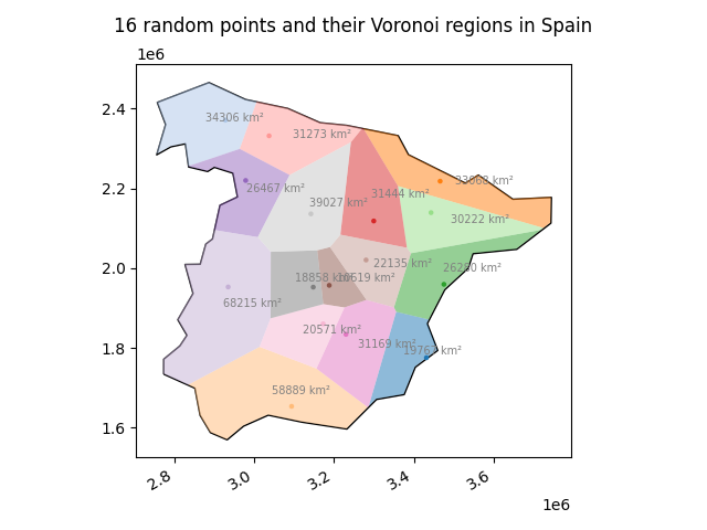 Voronoi regions of random points across Spain and their respective area
