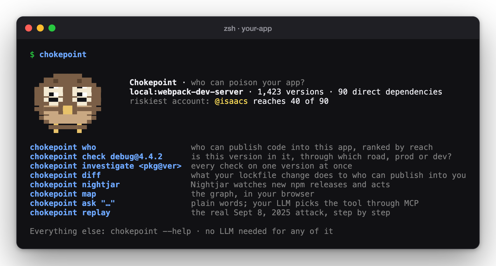 The chokepoint home screen: Nightjar, the project's size, its riskiest account, and the commands to run next