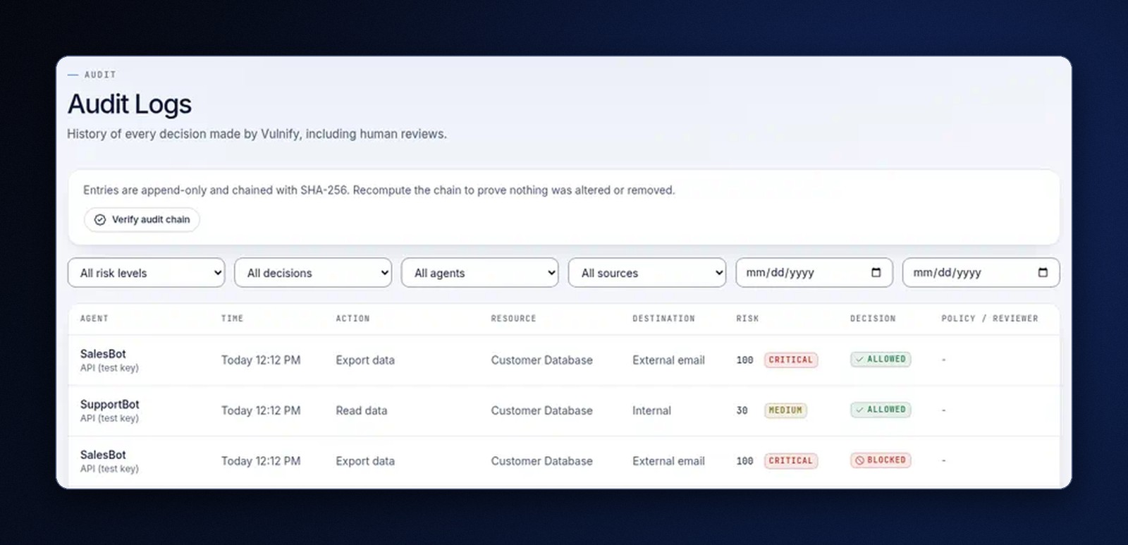 Vulnify audit log listing decisions by agent, action, resource, destination, risk, and decision
