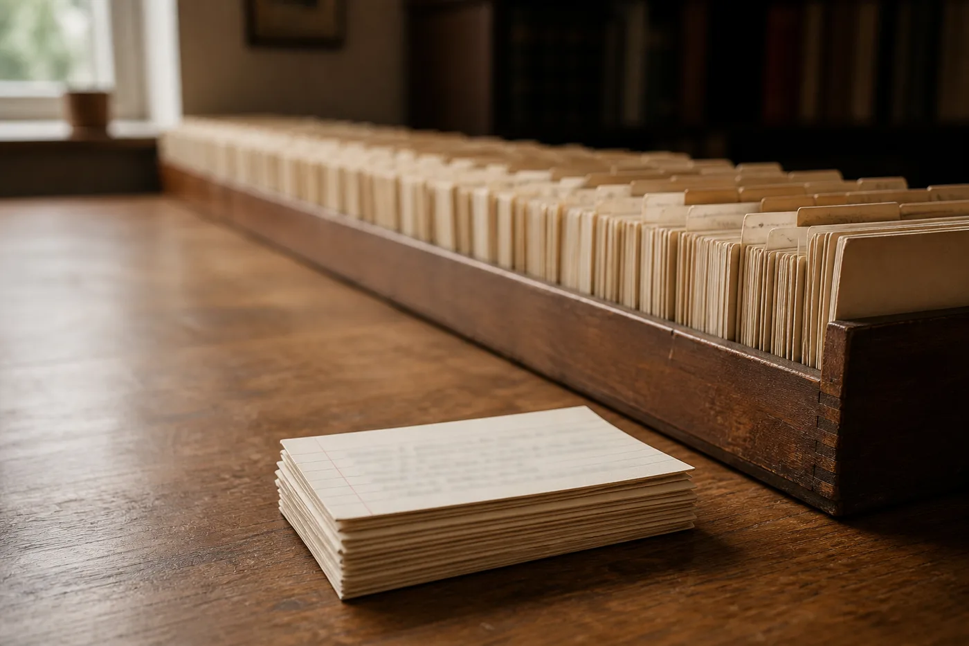 A long row of numbered archive cards receding into the distance, with only a dozen pulled out and set aside in focus