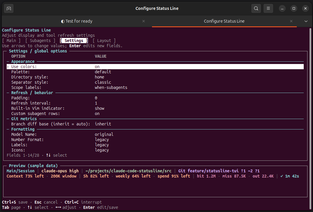 Linux external TUI Settings page with sample preview