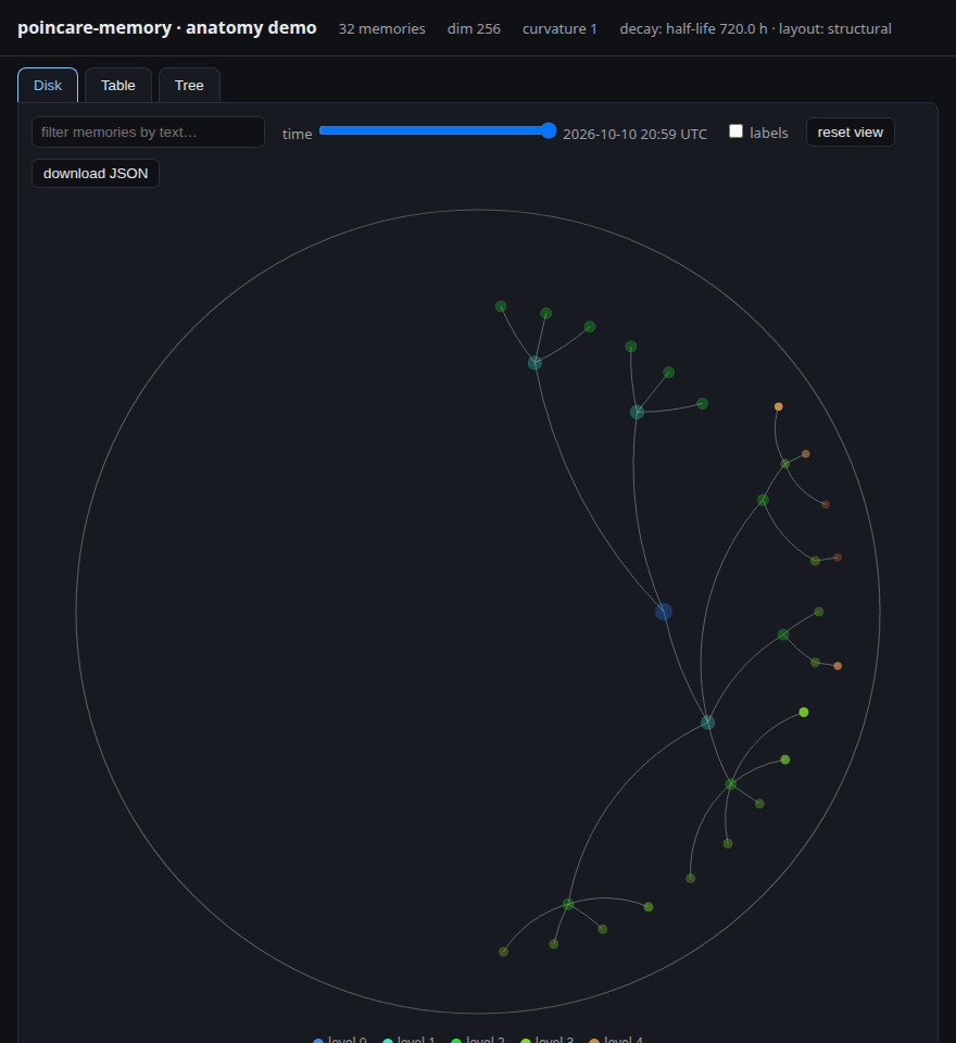 Interactive inspector: Poincaré disk, time slider, table and tree views