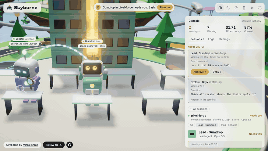 A Skybot asks to run a command, the beam to City Hall turns green when it is approved, and the camera pulls back over the city
