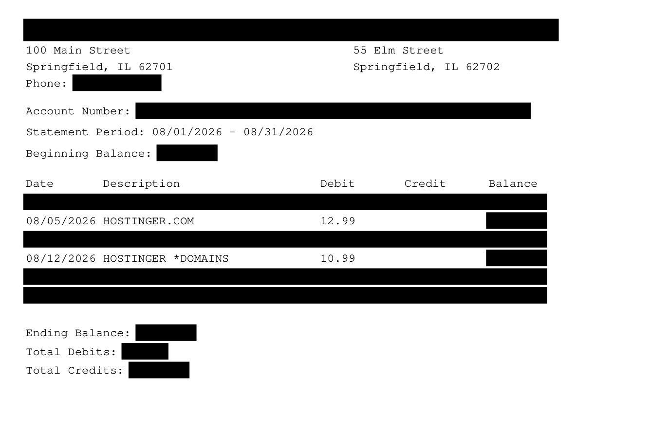 Redacted USAA-style statement: Hostinger rows visible, other transactions and account number blacked out
