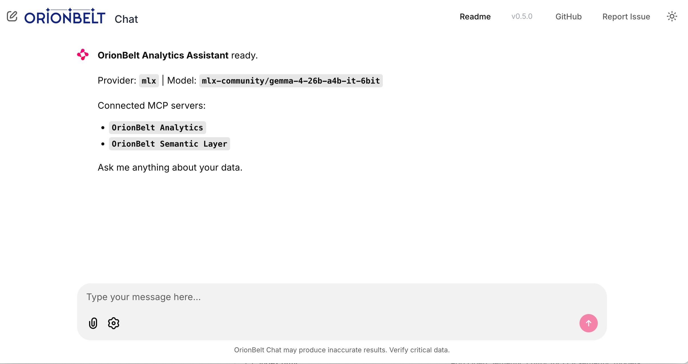 OrionBelt Chat — Startup with connected MCP servers