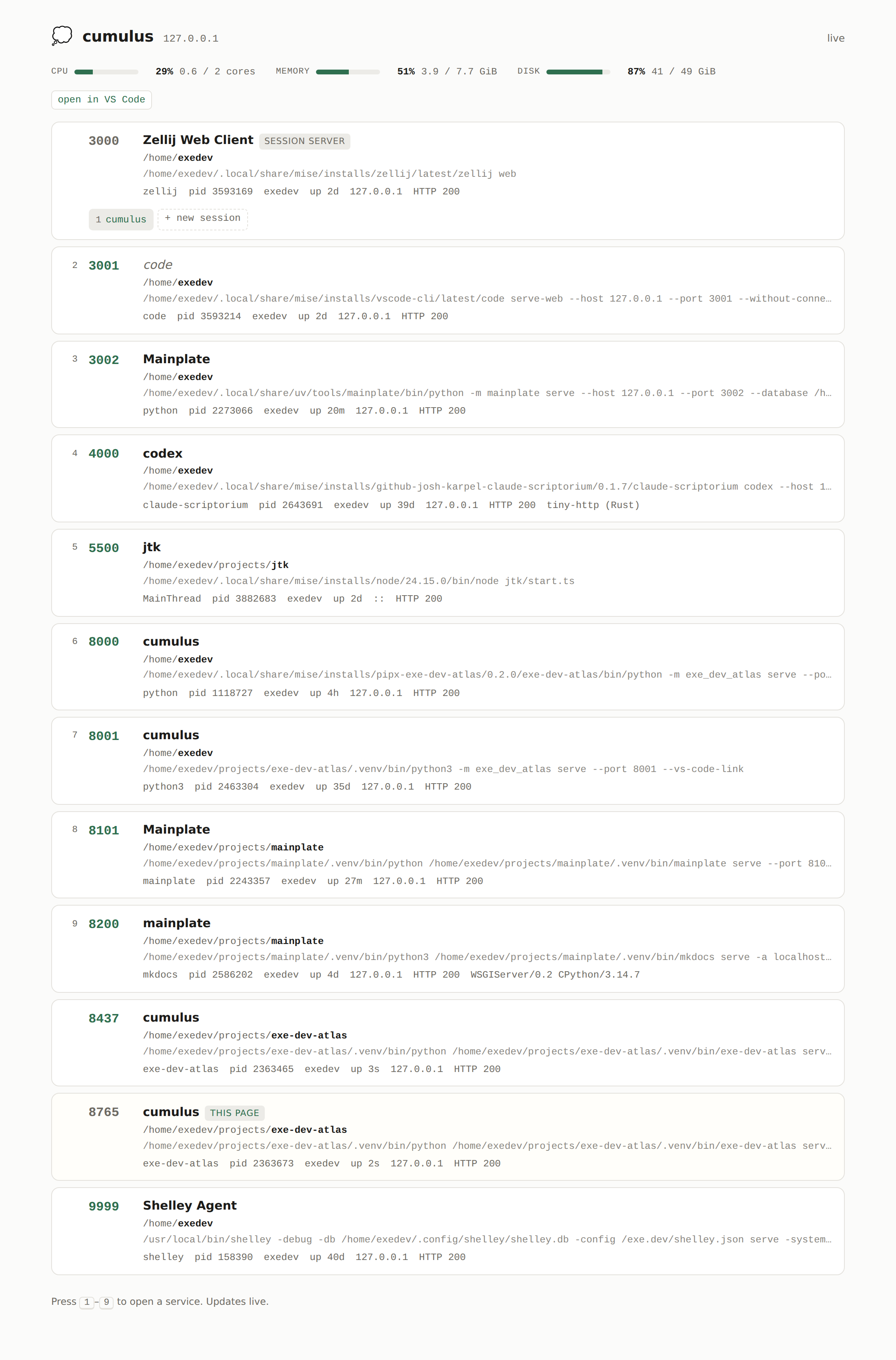 One row per listening process, each carrying the port, the title the port served,
  the working directory, the command line, and the uptime, under CPU, memory, and disk gauges
  and a VS Code link