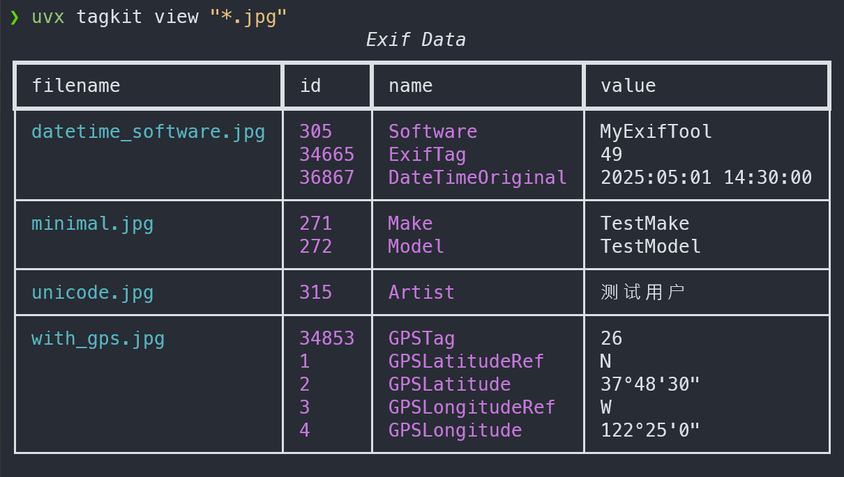 Screenshot: tagkit CLI table output