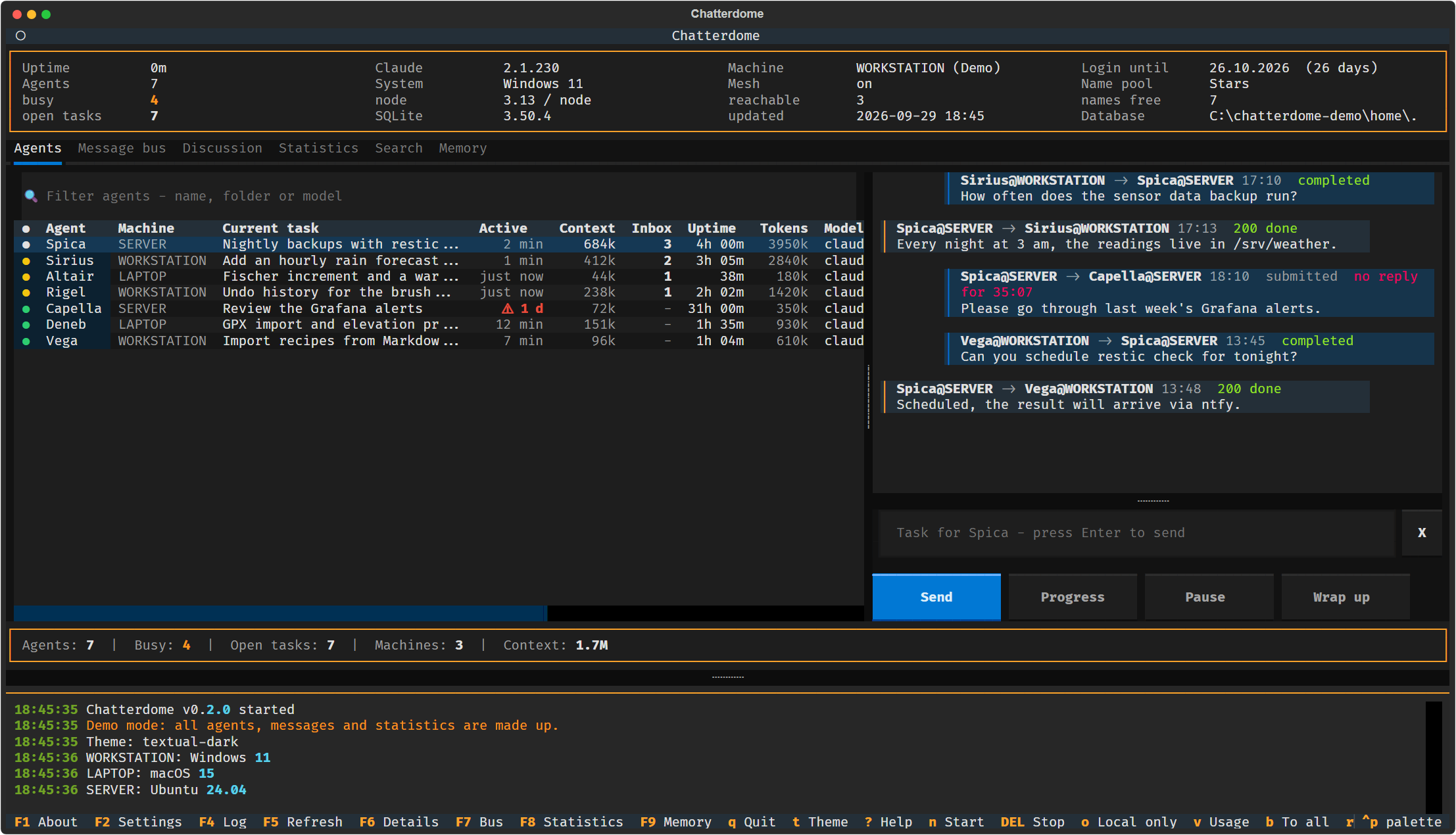 The agents tab: seven named sessions on three machines, context and tokens per session, the conversation with the selected agent on the right