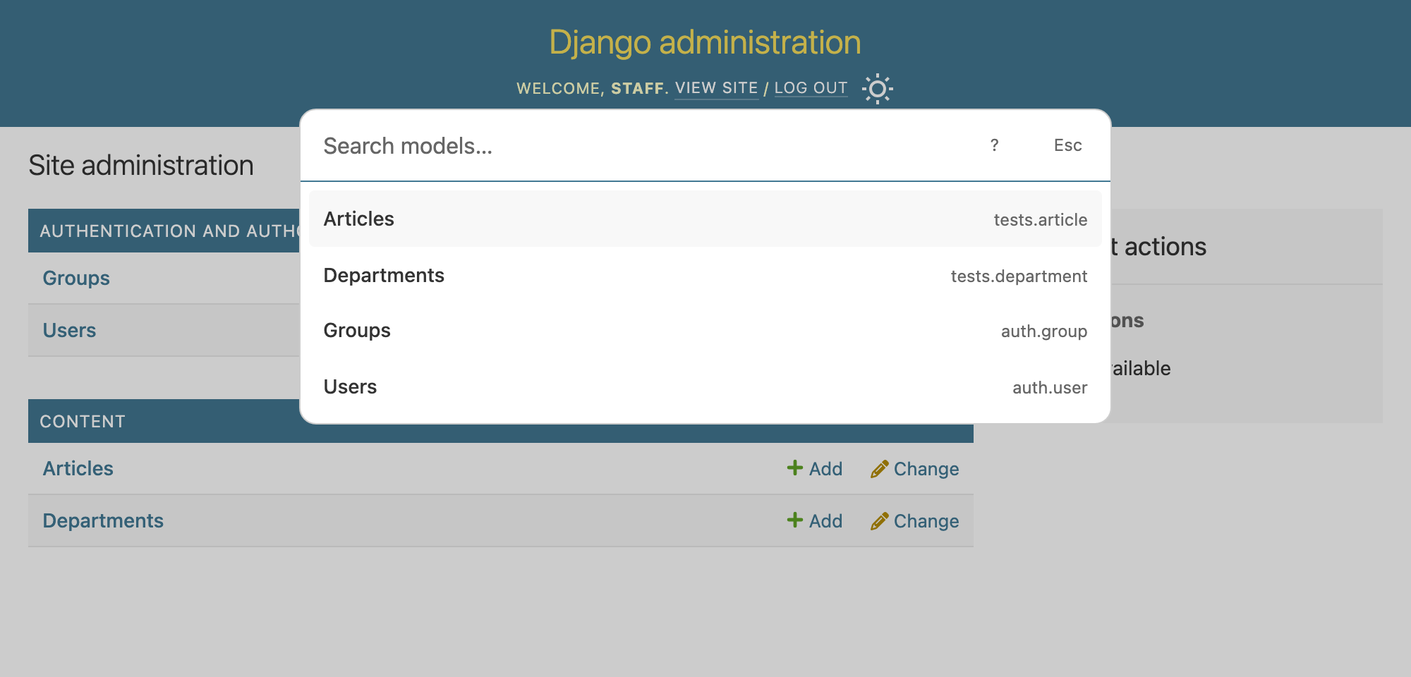 Django CmdBar's empty search showing Articles, Departments, Groups, and Users.
