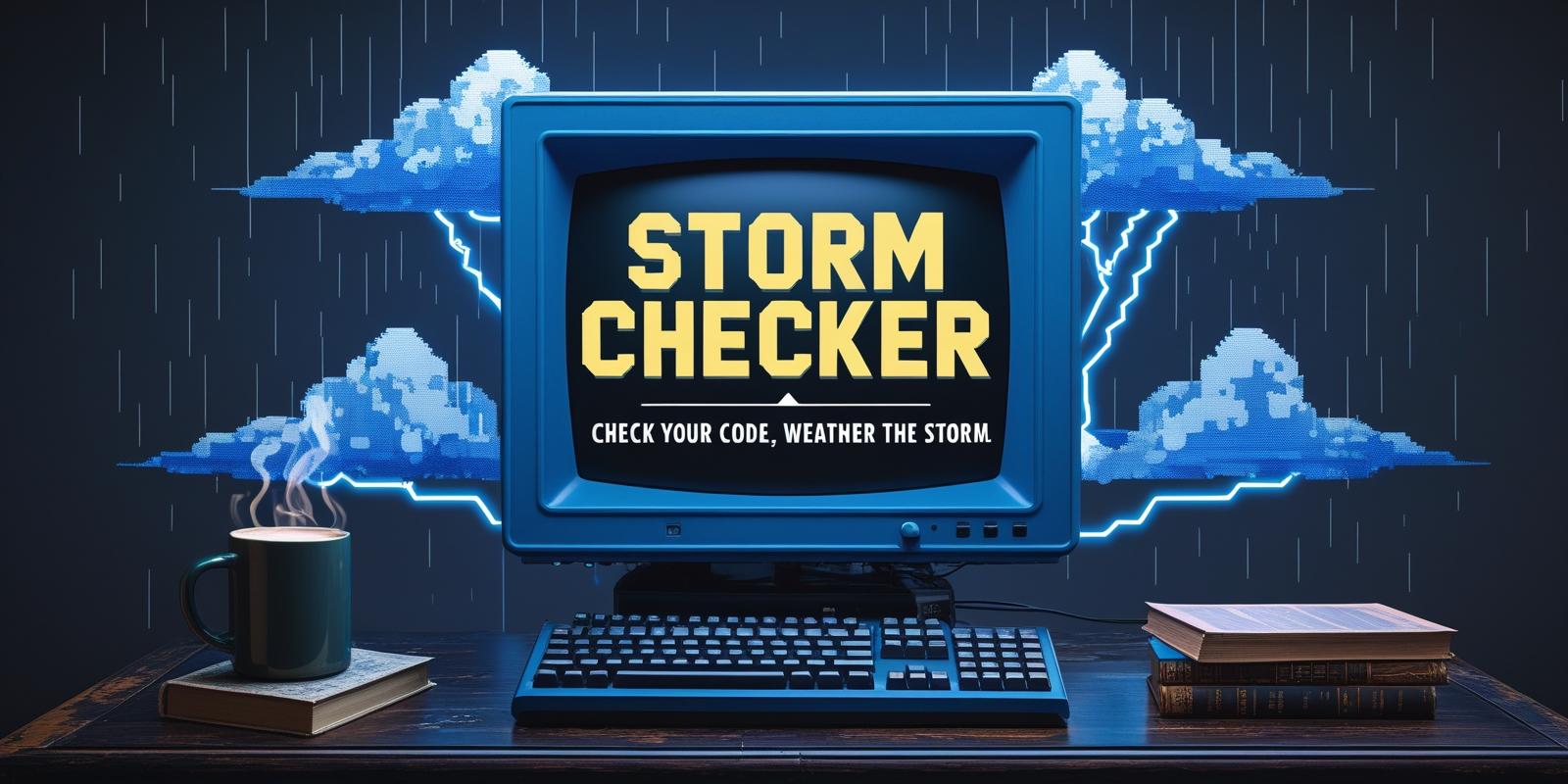 a nostalgic blue crt monitor (80s aesthetic, pixel_ascii, retro) , on a desk with a keyboard in the middle, book to the right, and coffee cup to the left  around the monitor is storm clouds_lightning_rain, with big clear 'S