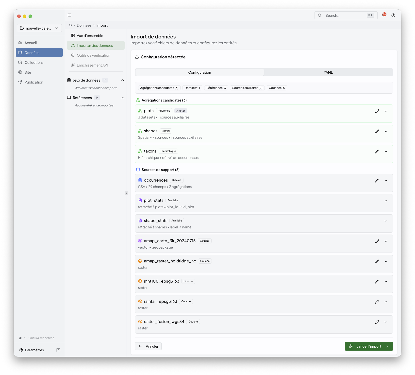 Niamoto import screen with ML auto-detected column roles