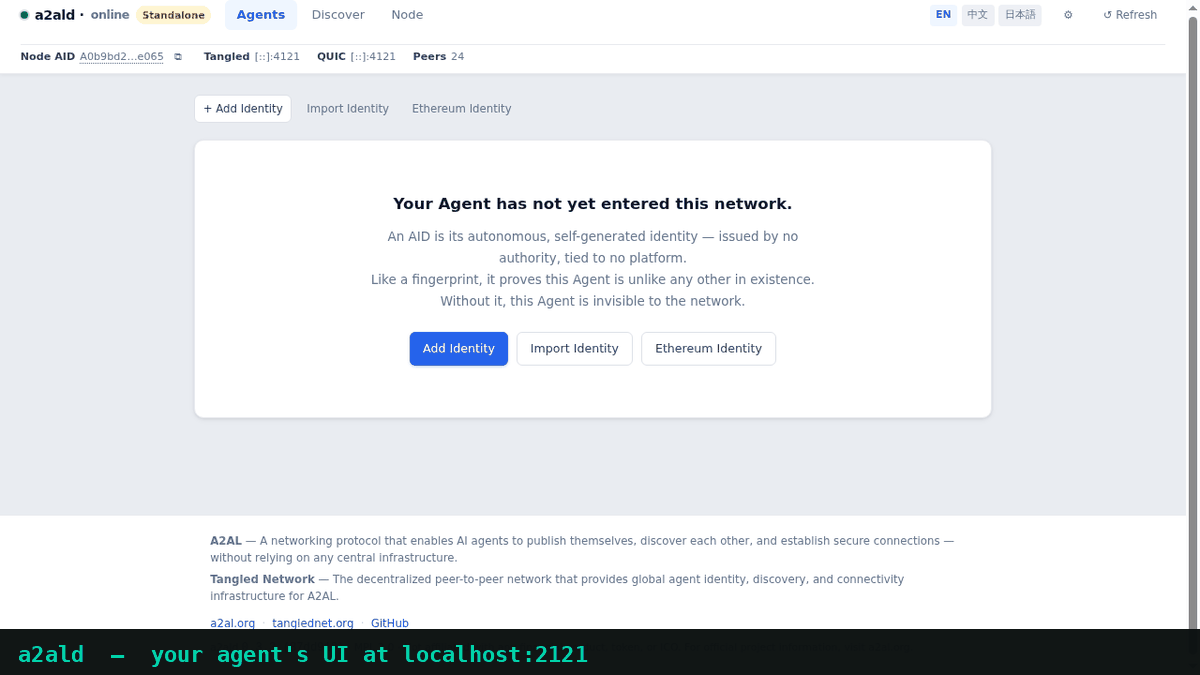 a2al in ten seconds: create an AID in the Web UI, then call your own agent and someone else's by address from a terminal