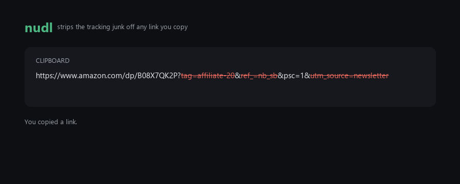 nudl removing three trackers from a copied Amazon link