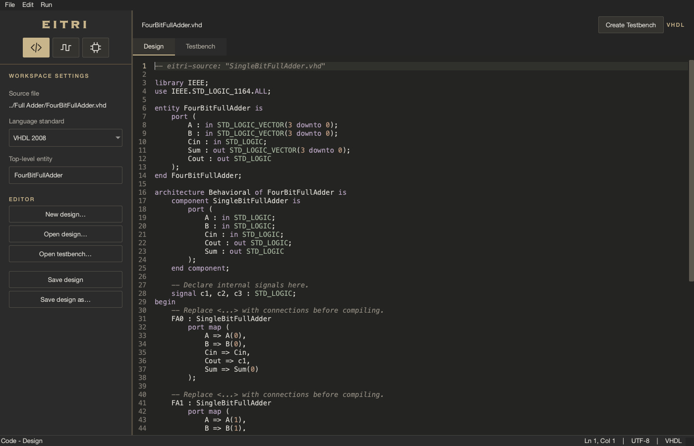 VHDL editor showing my four-bit full adder