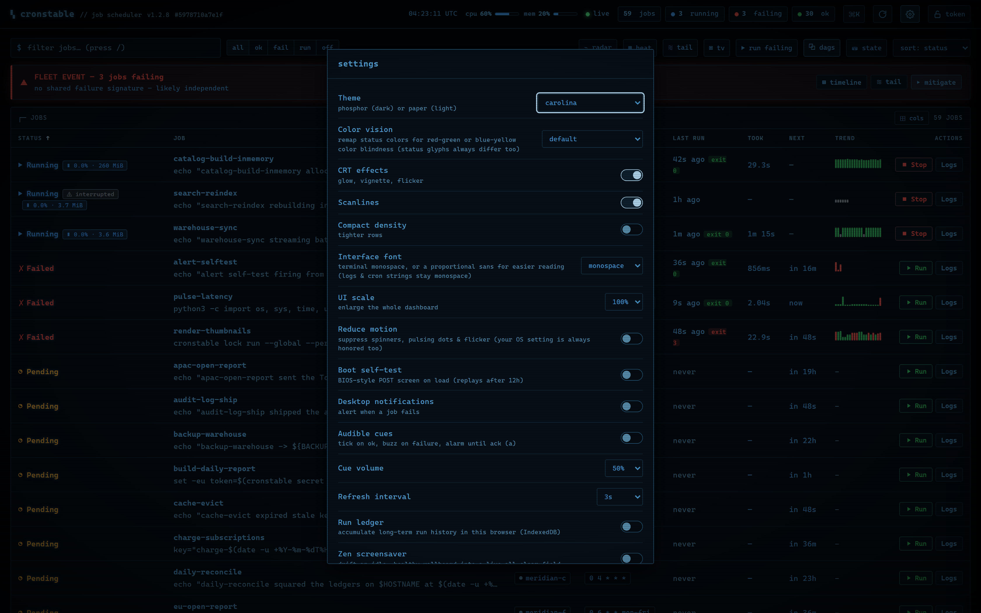 The settings panel: theme picker with carolina selected, CRT toggles, notifications, zen, and refresh interval