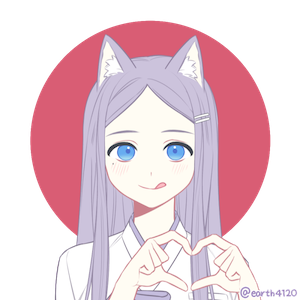 A light-purple-haired catgirl smiling at you and showing heart with her hands