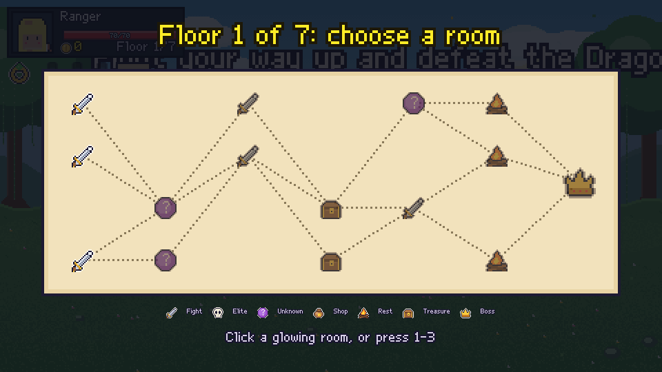 The run's map on a parchment: rooms linked by dotted paths, the boss at the end