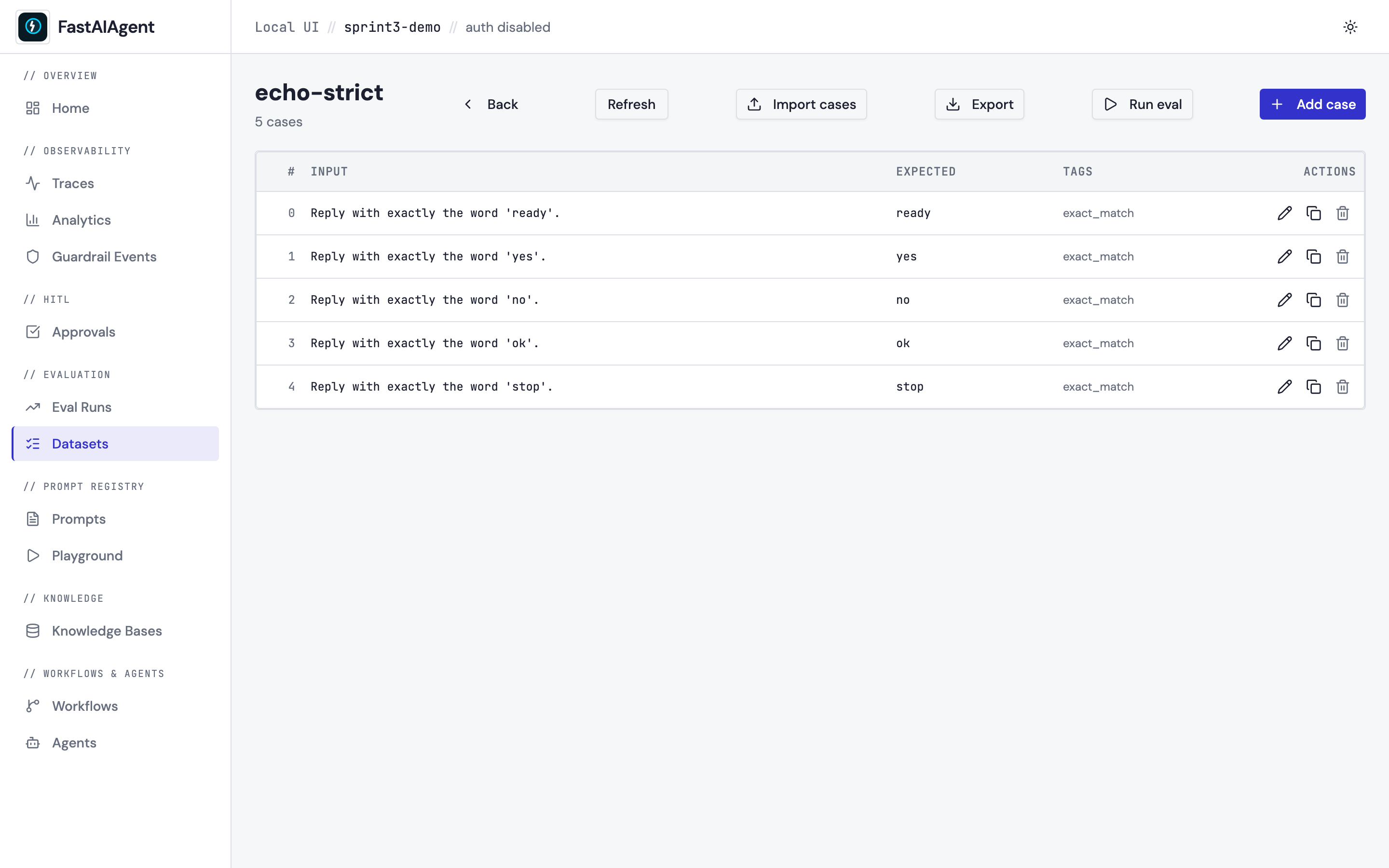 FastAIAgent Local UI — Eval Dataset Editor