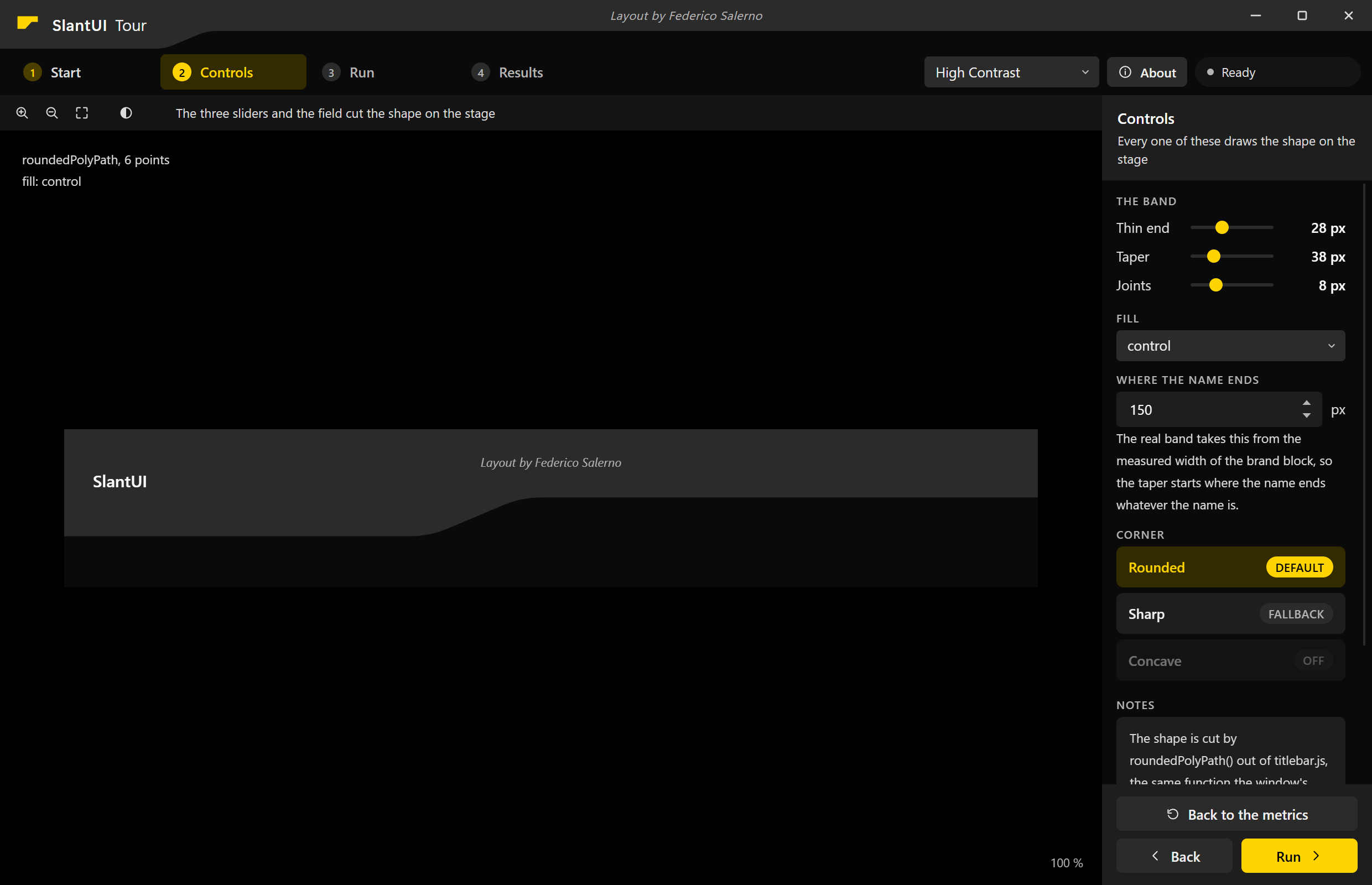 The example window on High Contrast, black with a yellow accent