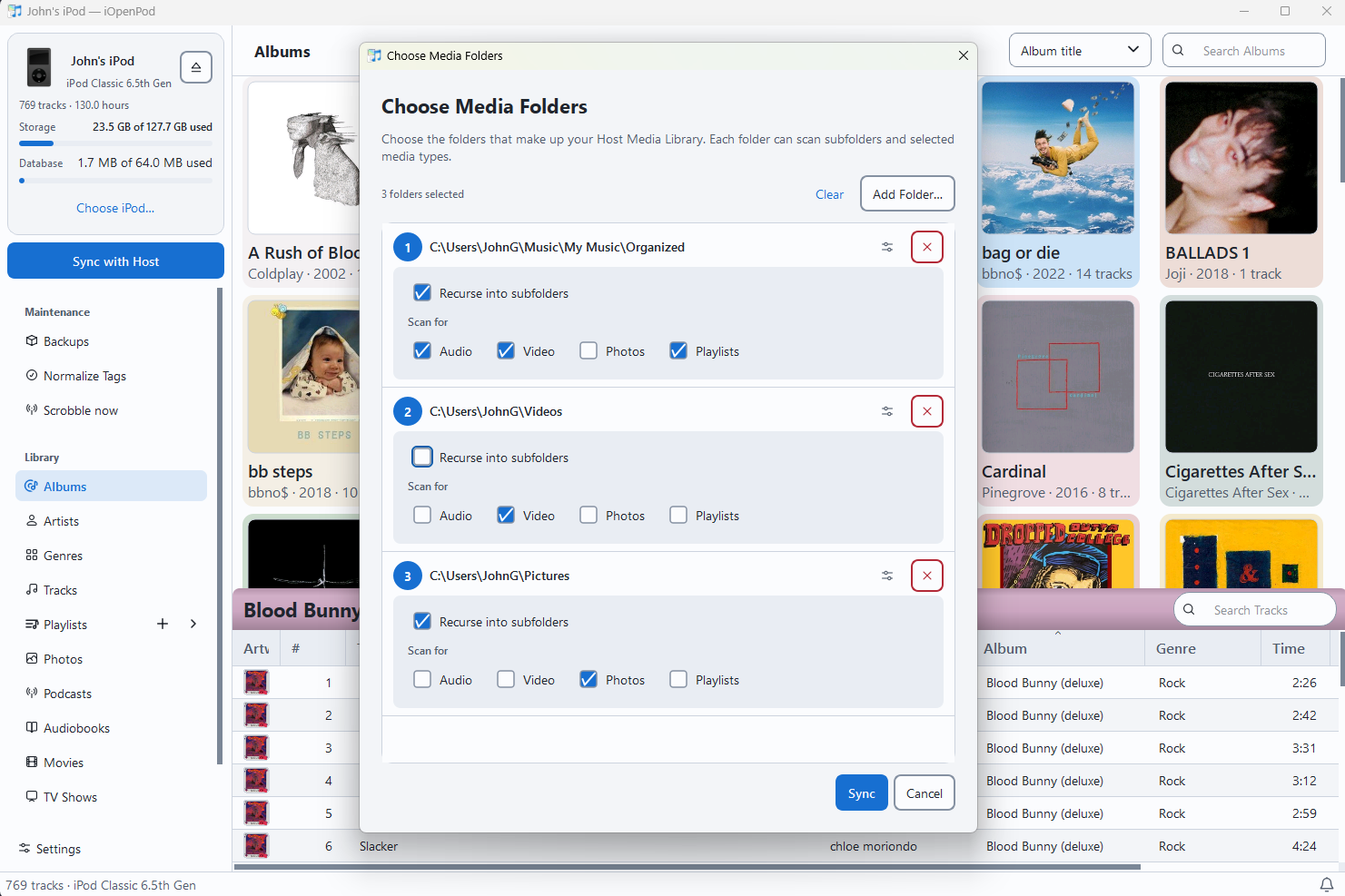 Choose Media Folders dialog with per-folder media types and subfolder scanning