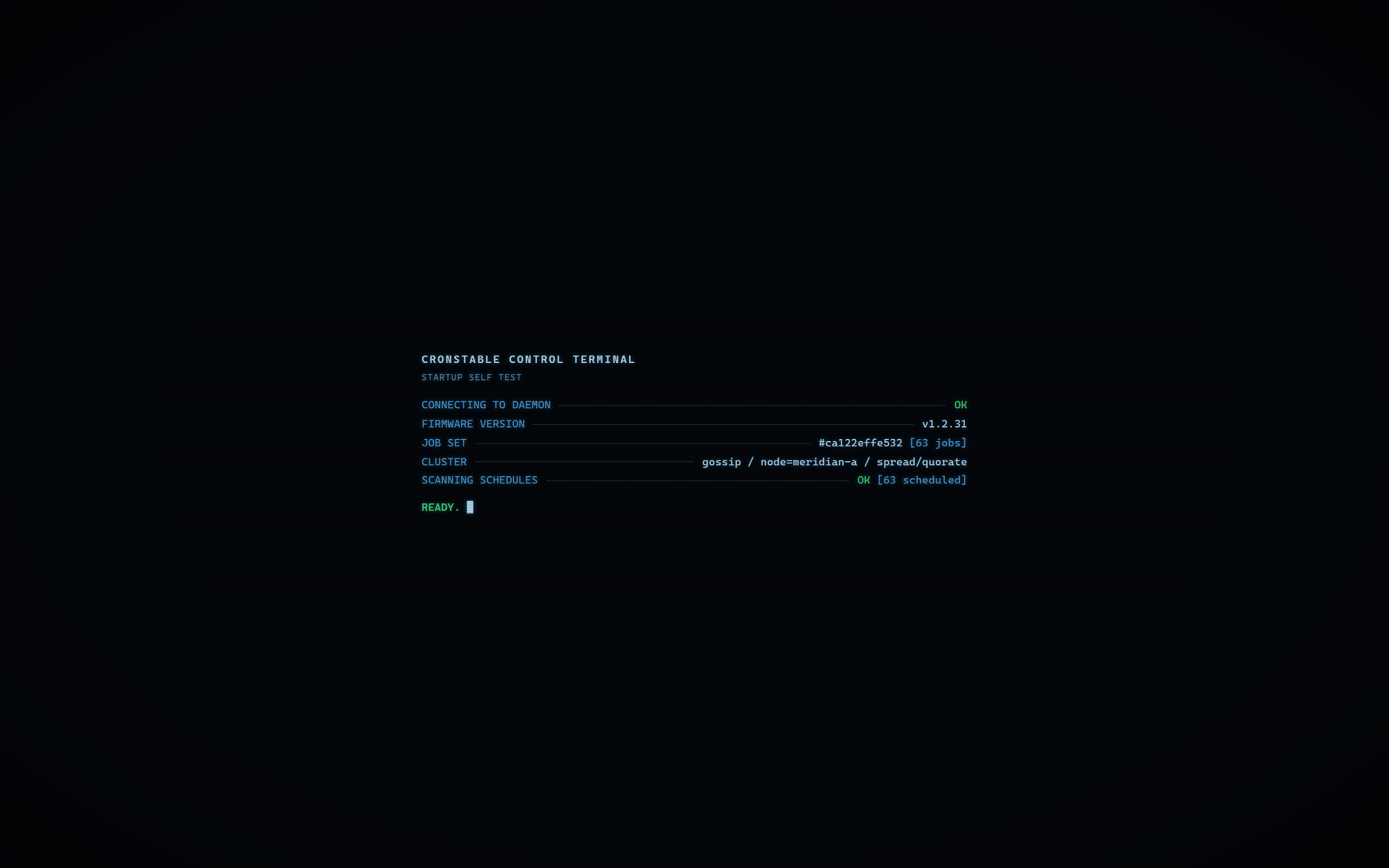 The boot self-test screen: firmware version, job-set id, cluster role, and schedule scan, all OK