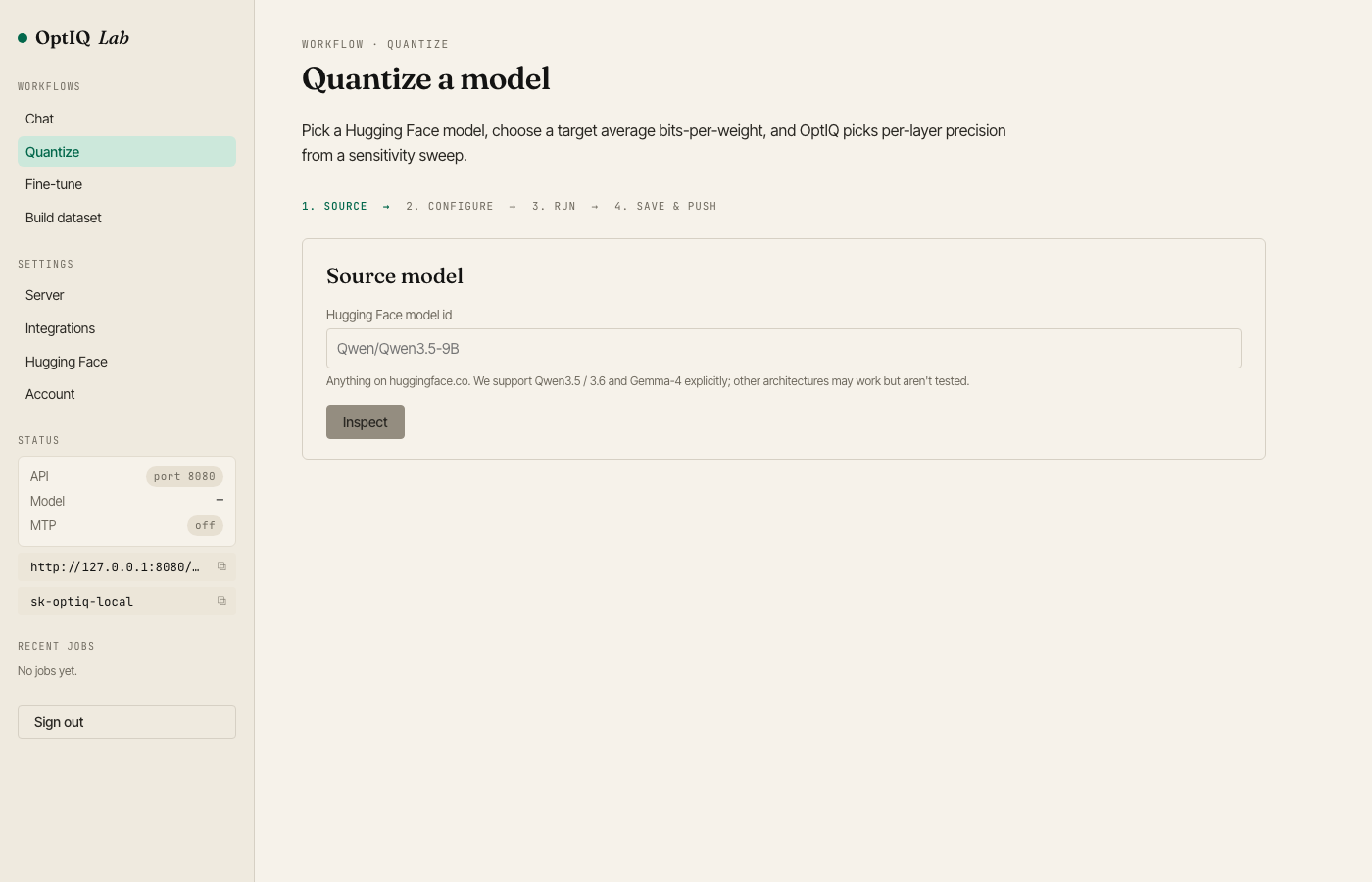 OptIQ Lab — quantize wizard