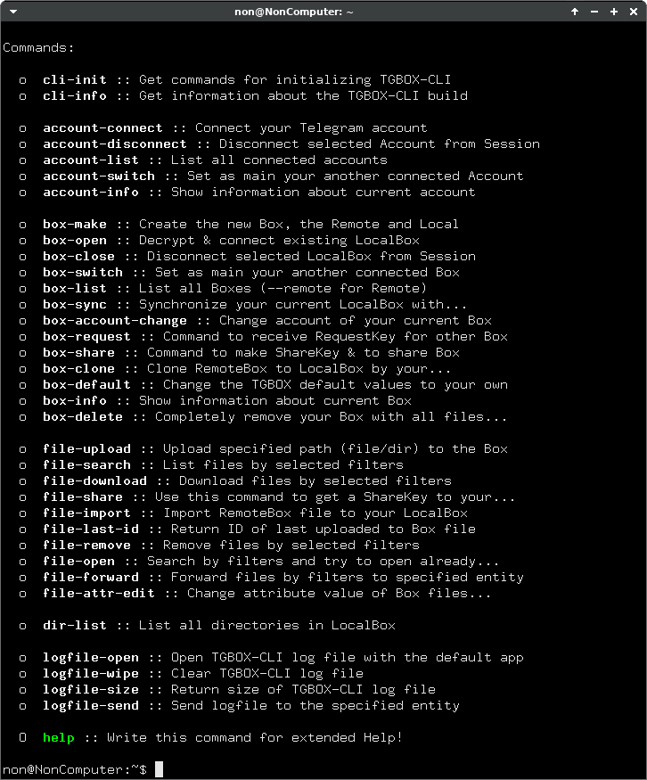 List of the TGBOX-CLI commands