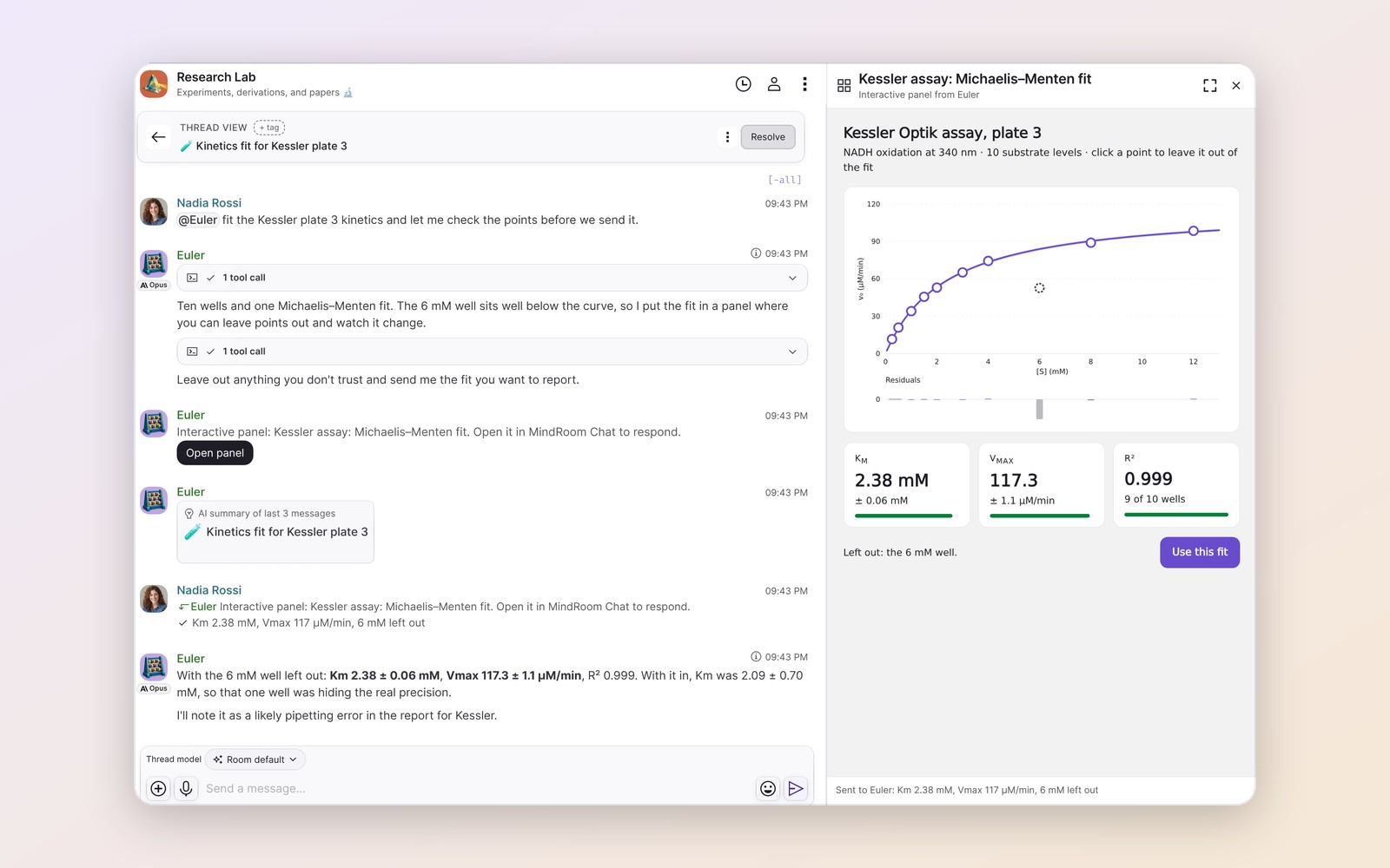 A thread next to a data canvas with a fitted curve and its parameters