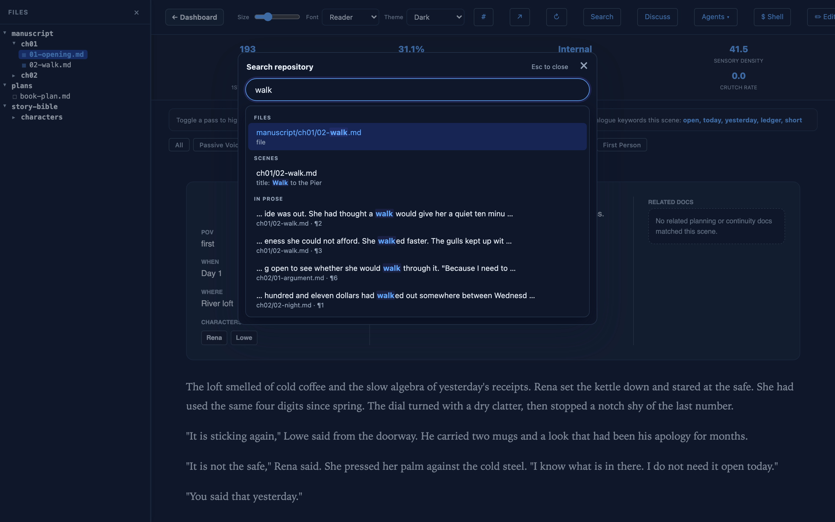 The search palette open over a scene, showing file, scene, and prose matches