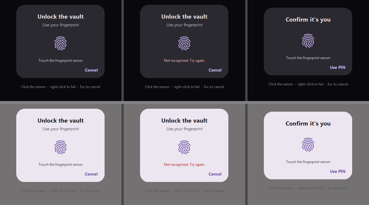 The biometric prompt in the Previewer, in dark and light mode