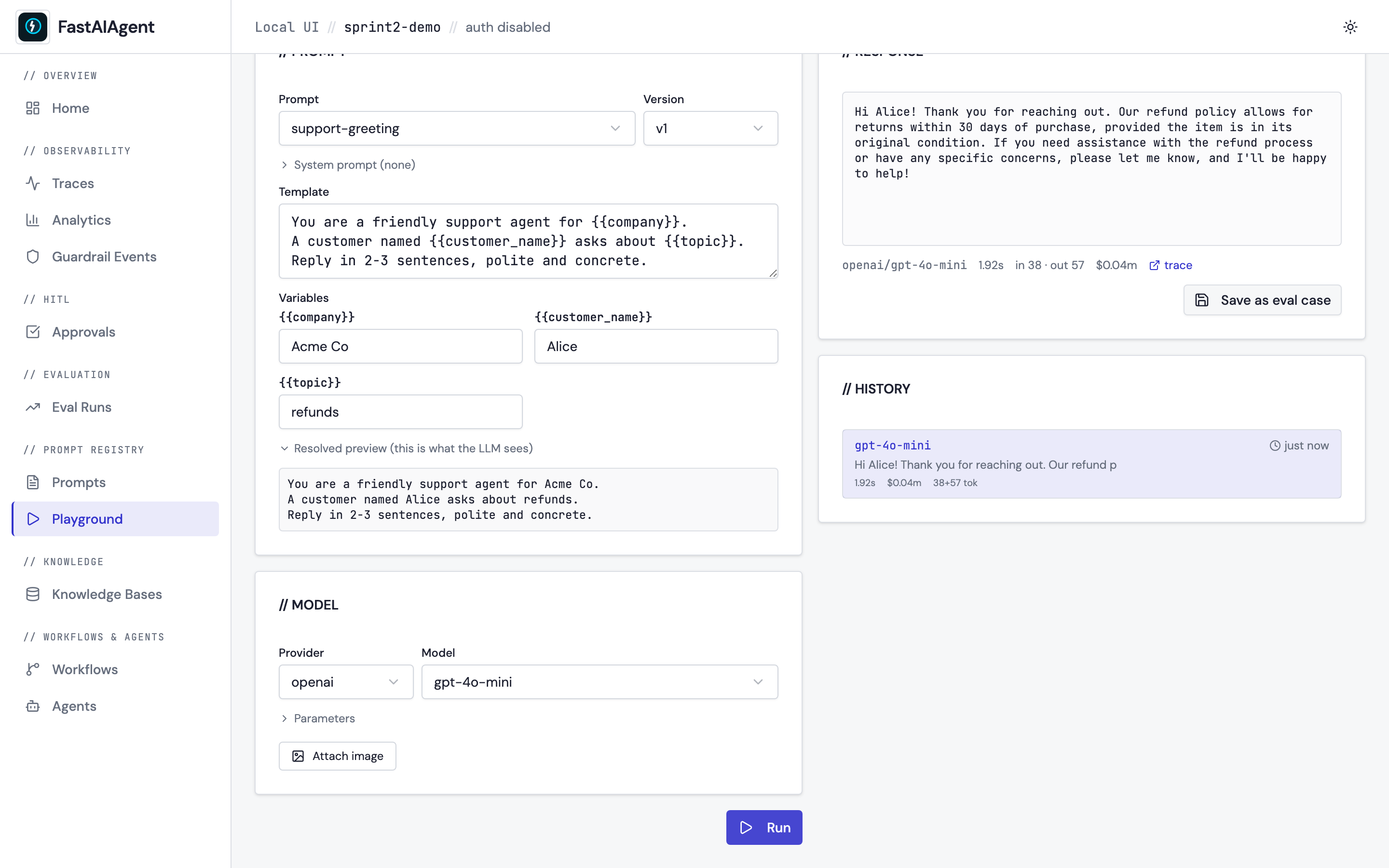 FastAIAgent Local UI — Prompt Playground