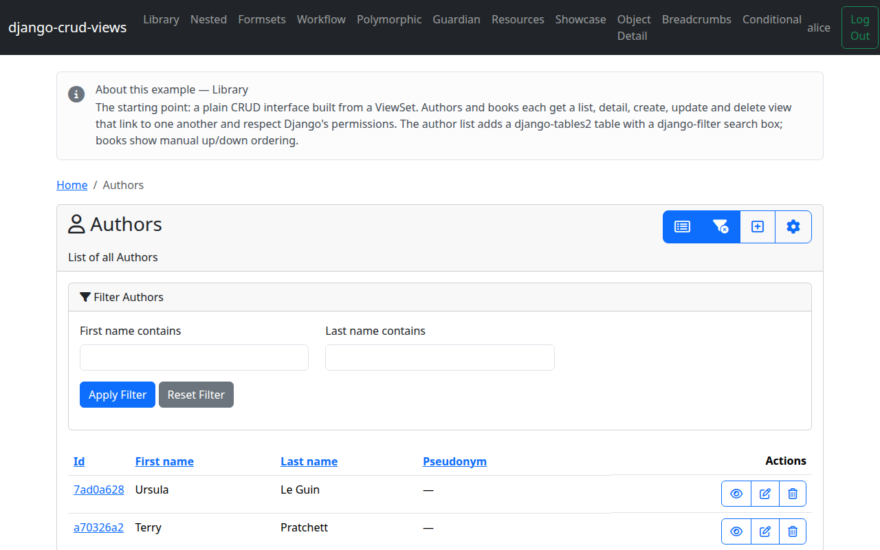 The example app's author list: sortable filtered table, permission-aware buttons and breadcrumbs