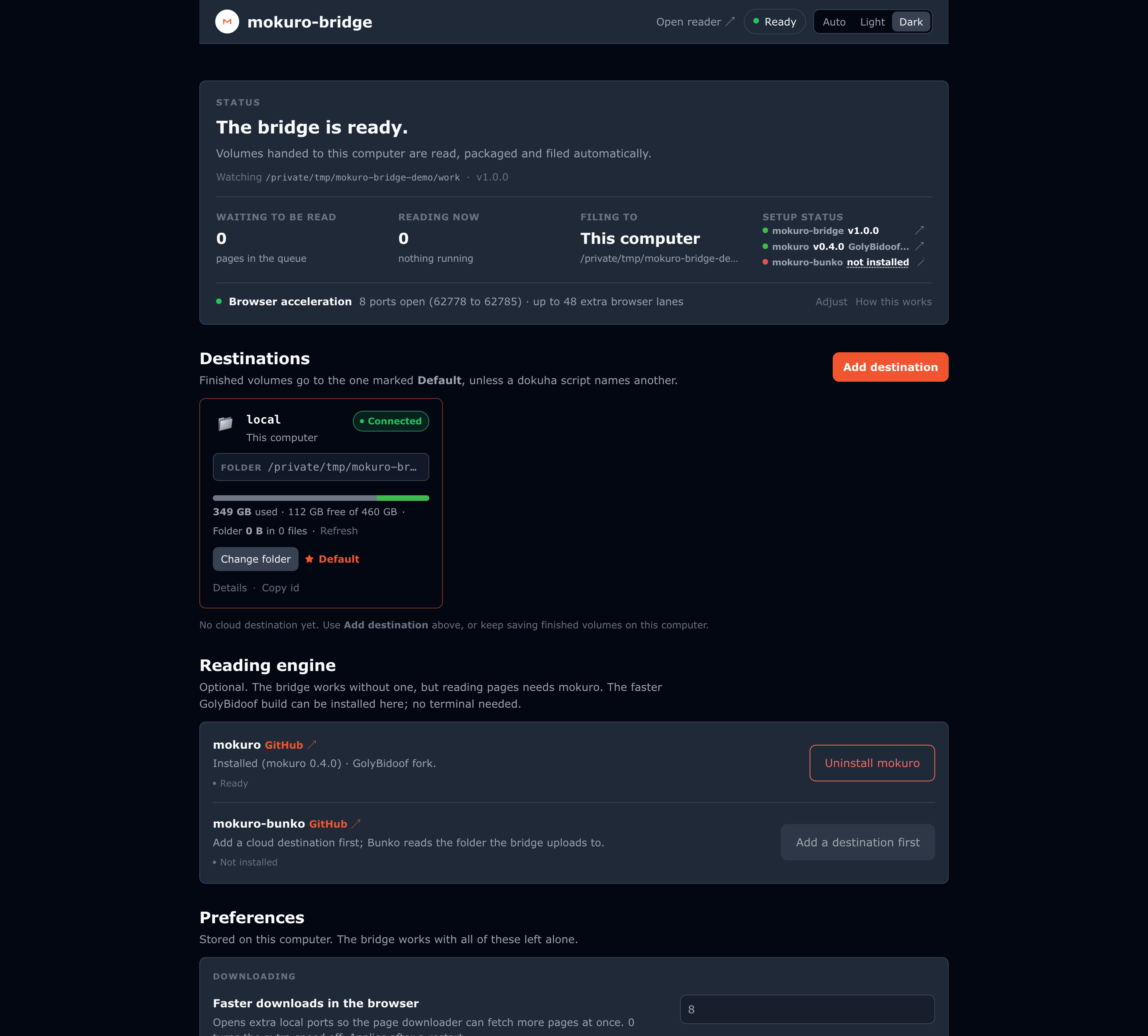 The mokuro-bridge dashboard: status, the destination it files to and browser acceleration