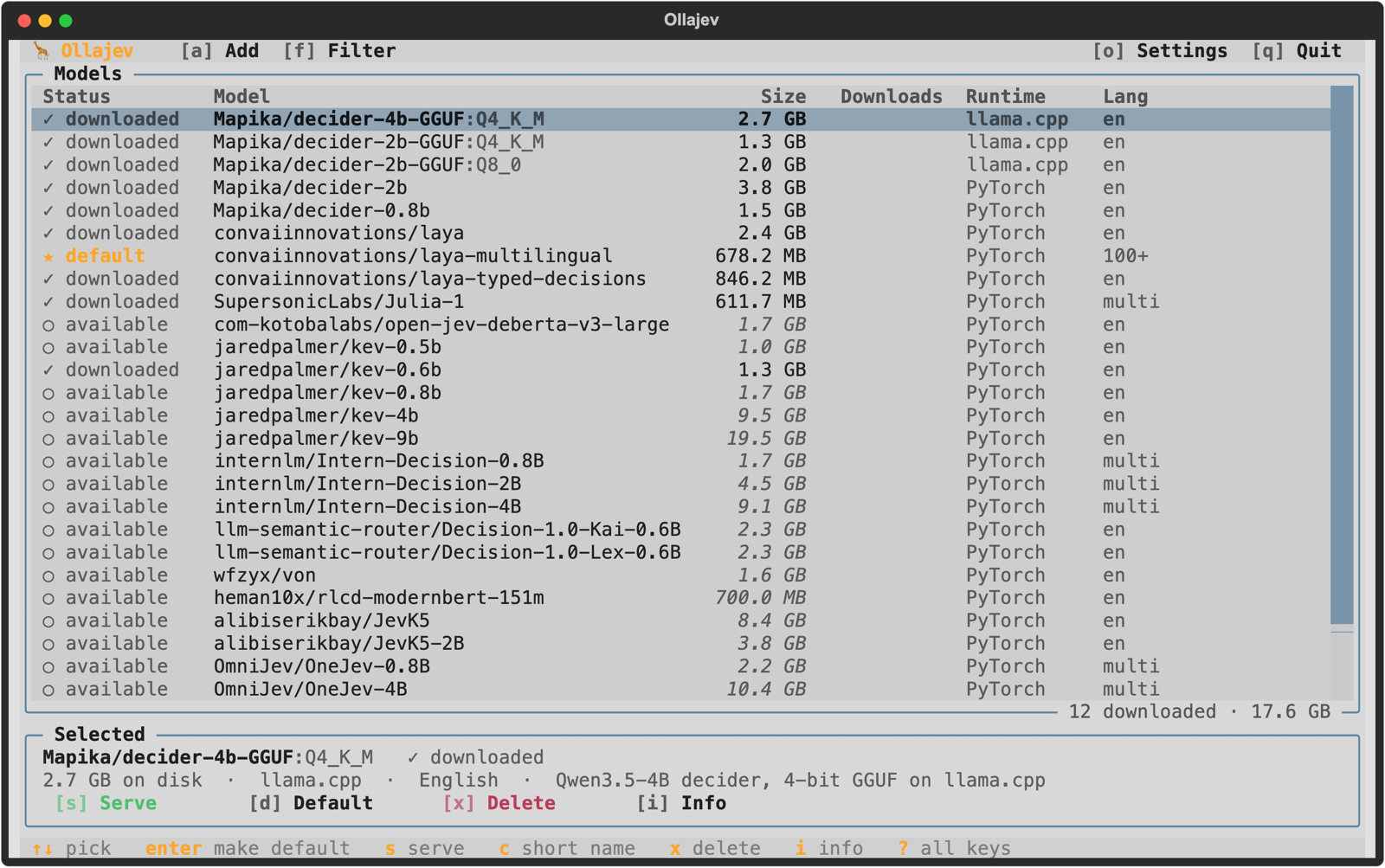 The Ollajev model manager: a list of decision models with their status, size, runtime and language, and a Selected panel with Serve, Delete and Info buttons