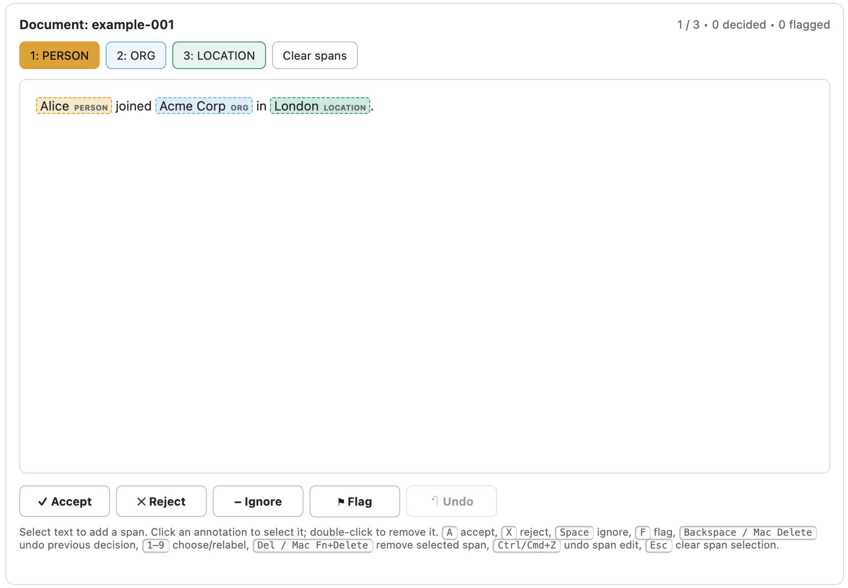 spanmark widget showing named-entity spans and document decisions