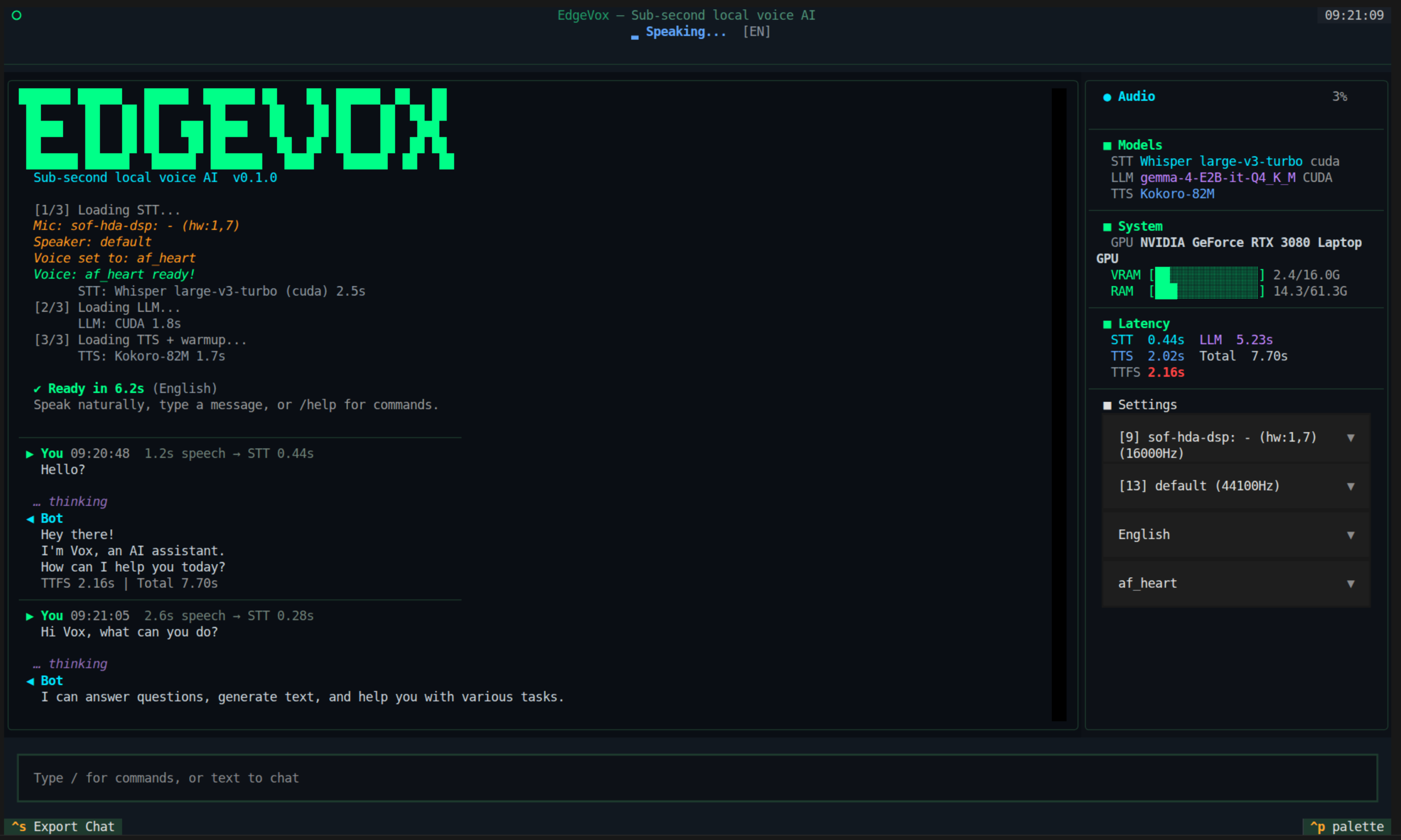 EdgeVox TUI — streaming voice pipeline
