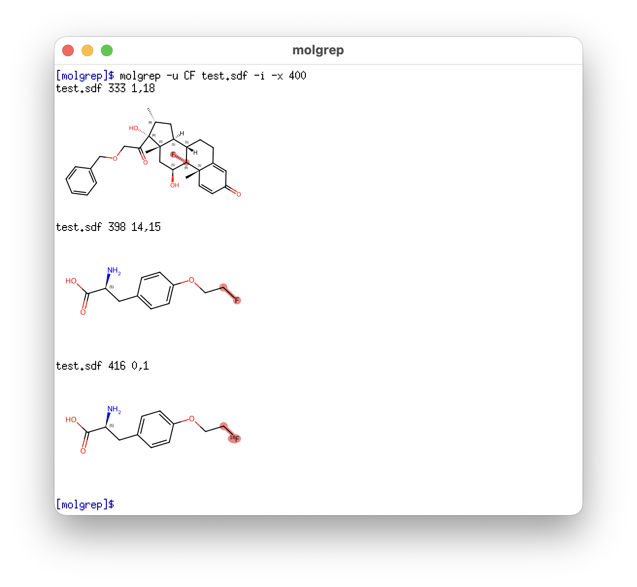 Screenshot of terminal showing molgrep search for CF