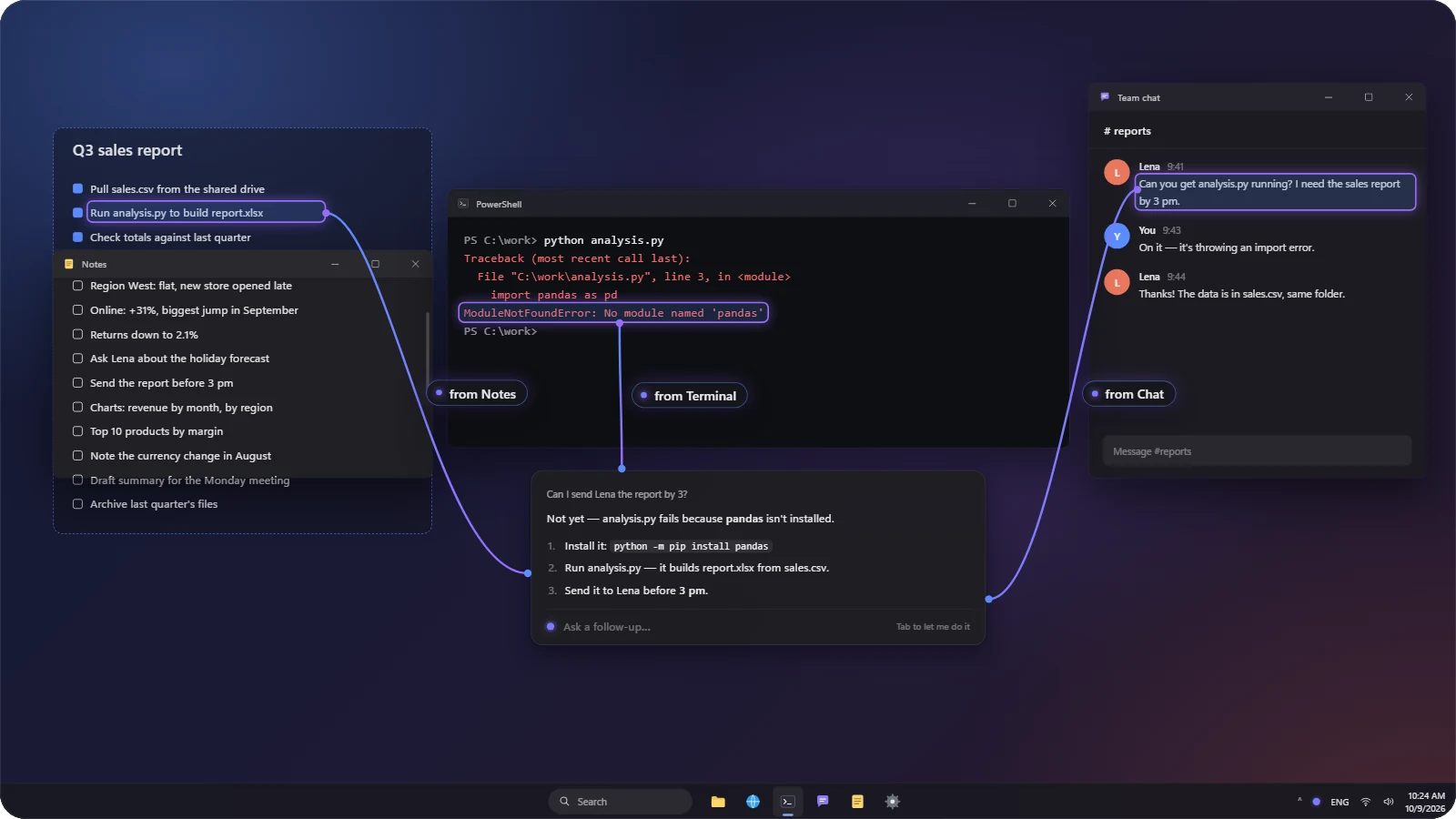An answer that connects three windows: the terminal error, a line in the notes and the deadline in a chat
