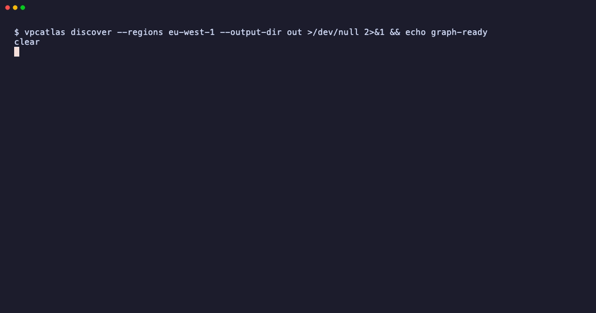 Recording of vpcatlas diagram drawing the three focus pages from a saved graph, then the security group tables written as CSV
