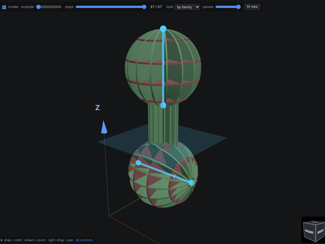 Radial with an axis through each ball of a dumbbell, at right angles to each other, and the plane between them at the neck