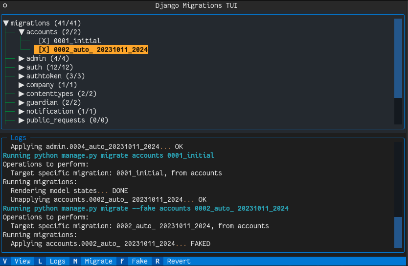 Screenshot of django-migrations-tui