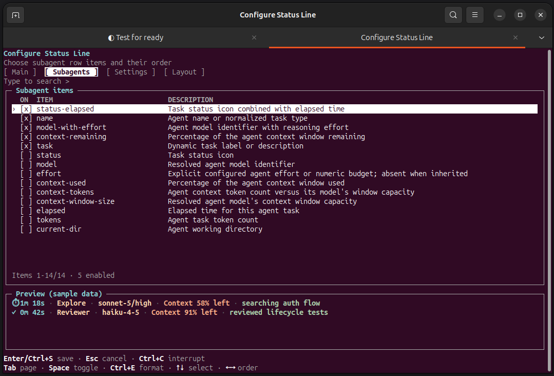 Linux external TUI Subagents page with sample preview