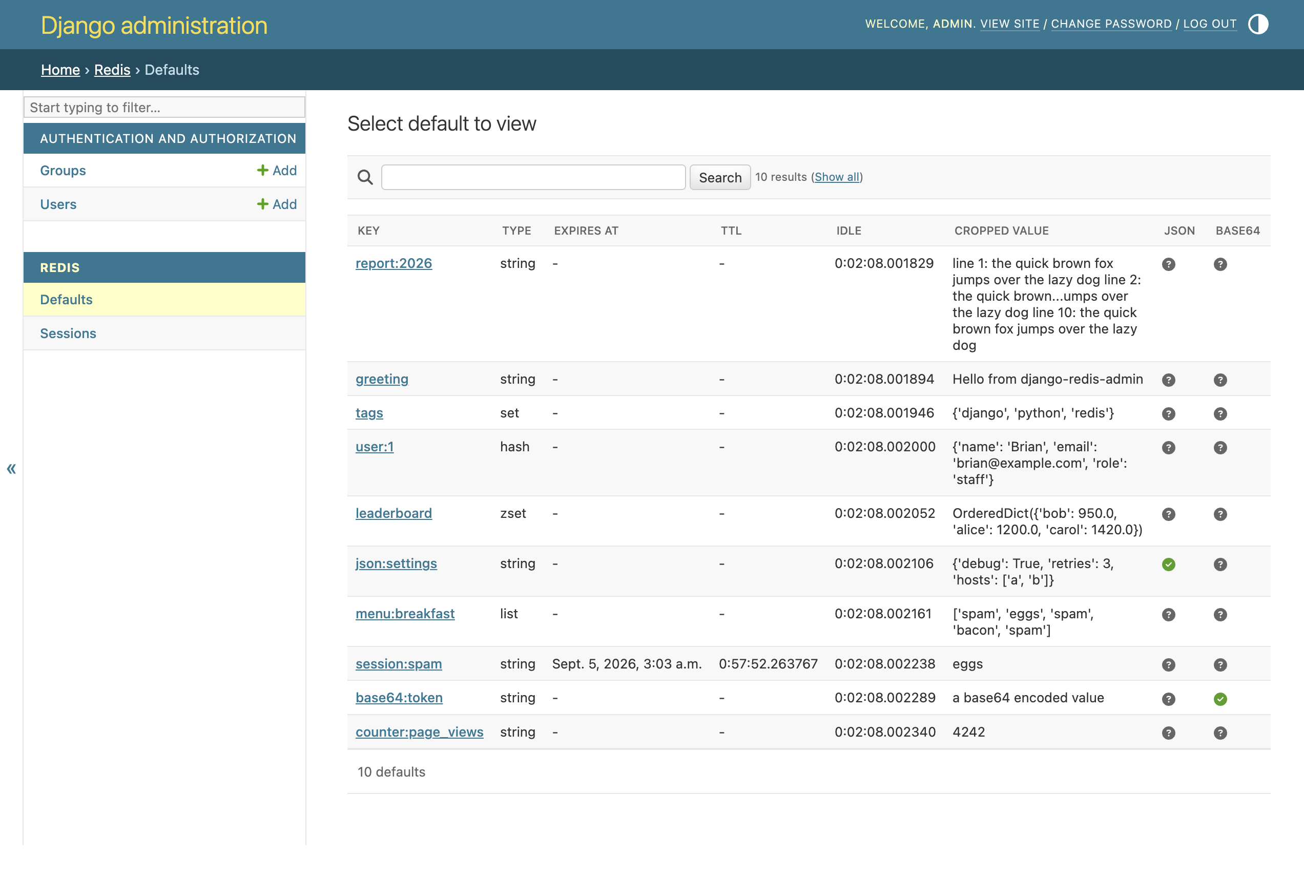 The Redis key list in the Django admin: key, type, expiry, TTL, idle time, a cropped value and JSON and base64 flags