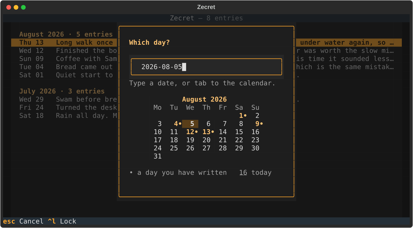 A modal asking which day to write about: a date field above a month of days, with the ones already written marked