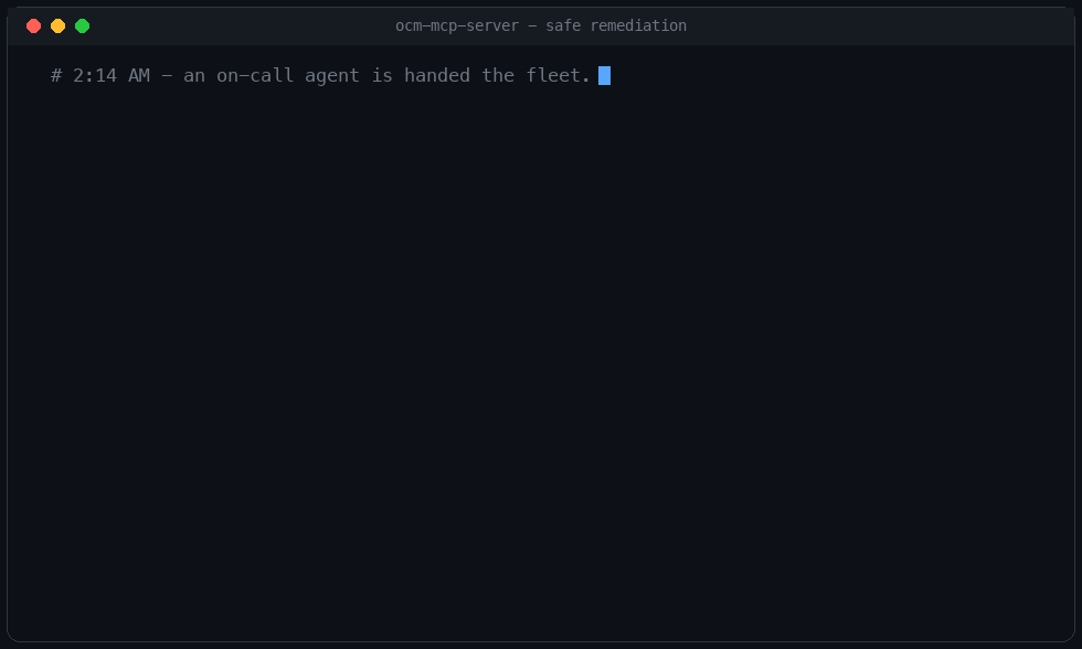An agent diagnoses a degraded workload across the fleet, proposes a fix as a ManifestWork, is rejected once by the guardrails, corrects it, waits for a human approval token, applies the fix, verifies recovery, and writes the incident report from the audit log