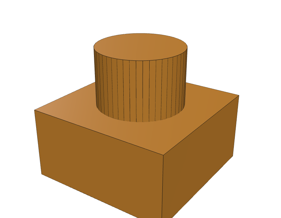 OpenSCAD's STL export of a cylinder on a cube, with every facet edge highlighted -- dozens of visible lines around the cylinder